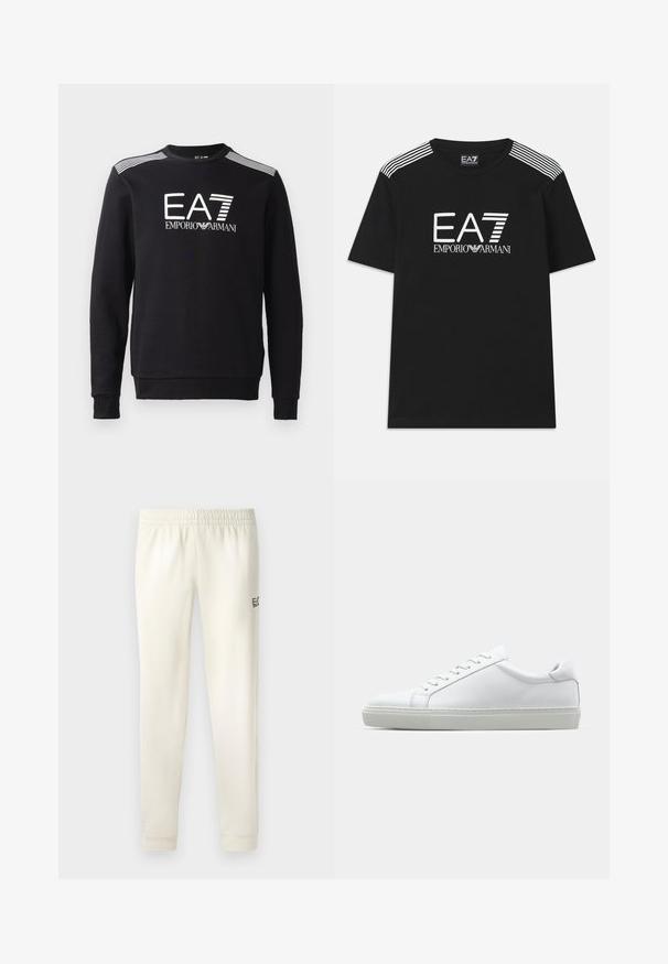 Zwarte sweatshirt van katoen, met een ronde hals, lange mouwen, een wit EA7-logo en strepen over de schouders.; Zwarte katoenen T-shirt met een wit EA7-logo en de tekst 'Emporio Armani'. Drie witte strepen op de schouders versterken het ontwerp.; Witte sweatpants met een elastische tailleband, cuffs aan de enkels en een klein zwart logo aan de linkerkant. Glad katoenmateriaal.; Witte sneaker met een gladlederen bovenwerk en een laag profiel. Voorzien van een ronde neus, zes vetergaatjes en een gestructureerde rubberen zool.