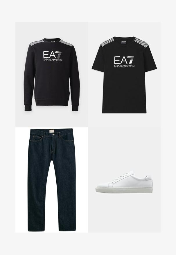 Black sweatshirt made of cotton, featuring a crew neckline, long sleeves, white EA7 logo and stripes across the shoulders.; Black cotton t-shirt featuring a white EA7 logo and 'Emporio Armani' text. Three white stripes on the shoulders enhance the design.; Dark blue denim jeans with a straight-leg design, five-pocket styling, and contrast stitching on the seams. Smooth fabric texture.; White sneaker with a smooth leather upper and a low profile. Features a rounded toe, six eyelets, and a textured rubber sole.