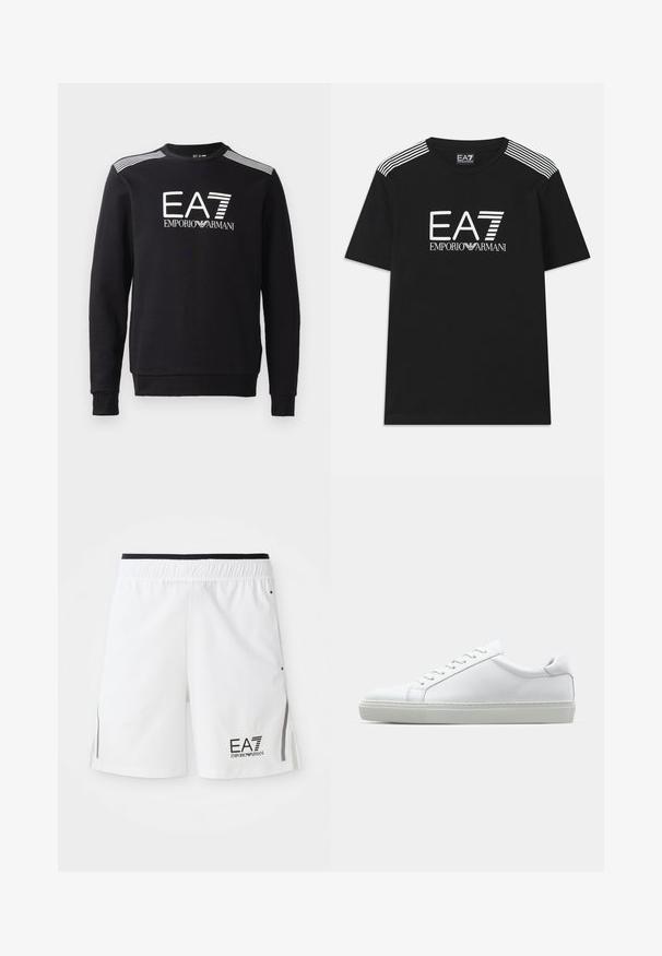 Melna kokvilnas džemperis ar apaļu kakla izgriezumu, garām piedurknēm, balto EA7 logo un svītrām pāri pleciem.; Melna kokvilnas T-krekls ar baltu EA7 logo un tekstu "Emporio Armani". Trīs baltas svītras uz pleciem uzlabo dizainu.; Baltas sporta šortus ar melnu elastīgu jostas vietu, sānu šķeltnēm un melnu "EA7 Emporio Armani" logotipu kreisajā kājā.; Baltie sporta apavi ar gludu ādas virsu un zemu profilu. Iezīmējas ar noapaļotu purngalu, sešām acīm un teksturētu gumijas zoli.