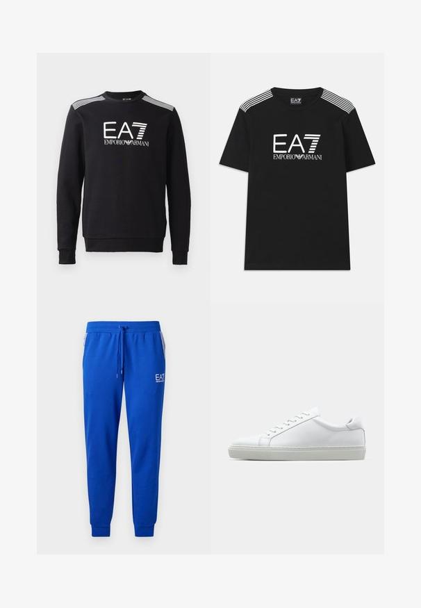 Sweatshirt negru din bumbac, cu guler rotund, mâneci lungi, logo alb EA7 și dungi pe umeri.; Tricou din bumbac negru, cu un logo EA7 alb și textul 'Emporio Armani'. Trei dungi albe pe umeri îmbunătățesc designul.; Pantaloni de trening albaștri, confecționați dintr-un material moale, cu un talie elastică și șnur. Prezintă un logo pe picior și buzunare laterale cu dungi.; Adidași albi cu o suprafață din piele netedă și un profil jos. Au un vârf rotunjit, șase orificii pentru șireturi și o talpă din cauciuc texturată.