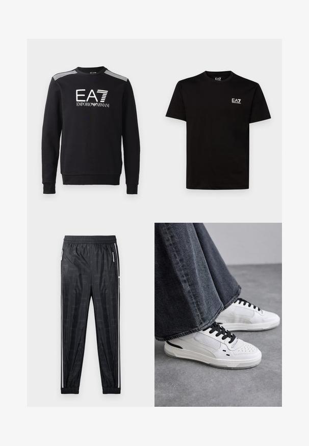 Zwarte sweatshirt van katoen, met een ronde hals, lange mouwen, een wit EA7-logo en strepen over de schouders.; Zwarte katoenen t-shirt met ronde hals, korte mouwen en klein wit EA7-logo op de linkerborst. Gladde textuur enRegular fit.; Zwarte sportbroek met een glanzende afwerking, voorzien van een subtiel logopatroon, elastische tailleband en zijzakken met rits met witte accenten.; Witte sneakers met zwarte veters en mesh-details. Beschikt over een gladde leren bovenkant en een gestructureerde rubberen zool. Gepaard met brede grijze jeans.