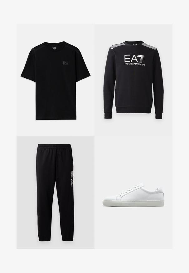 Černá mikina vyrobená z bavlny, s kulatým výstřihem, dlouhými rukávy, bílým logem EA7 a pruhy přes ramena.; Černé bavlněné tričko s krátkým rukávem, s decentním logem na hrudi a texturovanými detaily na ramenou. Klasický střih.; Černé sportovní kalhoty vyrobené z hladkého materiálu, s elastickým pasem a manžetami, a s kontrastním logem potištěným na boku.; Bílé tenisky s hladkým koženým svrškem a nízkým profilem. Mají zaoblenou špičku, šest nýtů a texturovanou gumovou podrážku.