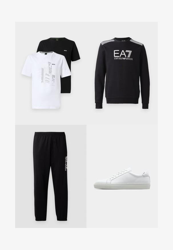 Czarna bluza wykonana z bawełny, z okrągłym dekoltem, długimi rękawami, białym logo EA7 oraz paskami na ramionach.; Dwa t-shirty z krótkim rękawem: jeden biały z grafiką i logo, drugi w jednolitym czarnym kolorze z logo. Materiał bawełniany, styl z okrągłym dekoltem.; Czarne spodnie sportowe z gładkiego materiału, z elastycznym pasem i mankietami oraz kontrastowym logo nadrukowanym z boku.; Białe sneakersy z gładką skórzaną cholewką i niskim profilem. Posiadają okrągły nos, sześć dziurek na sznurówki oraz teksturowaną gumową podeszwę.
