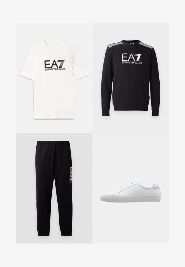 Svart sweatshirt laget av bomull, med rund hals, lange ermer, hvit EA7-logo og striper over skuldrene.; Hvit bomull t-skjorte med svart EA7-logo og teksten "EMPORIO ARMANI". Korte ermer, rund hals, vanlig passform, glatt tekstur.; Sorte treningsbukser laget av glatt stoff, med elastisk midjebånd og mansjetter, samt en kontrasterende logo trykket på siden.; Hvit sneakers med en glatt skinnoverdel og lav profil. Har en rund tå, seks snøring hull, og en teksturert gummisåle.