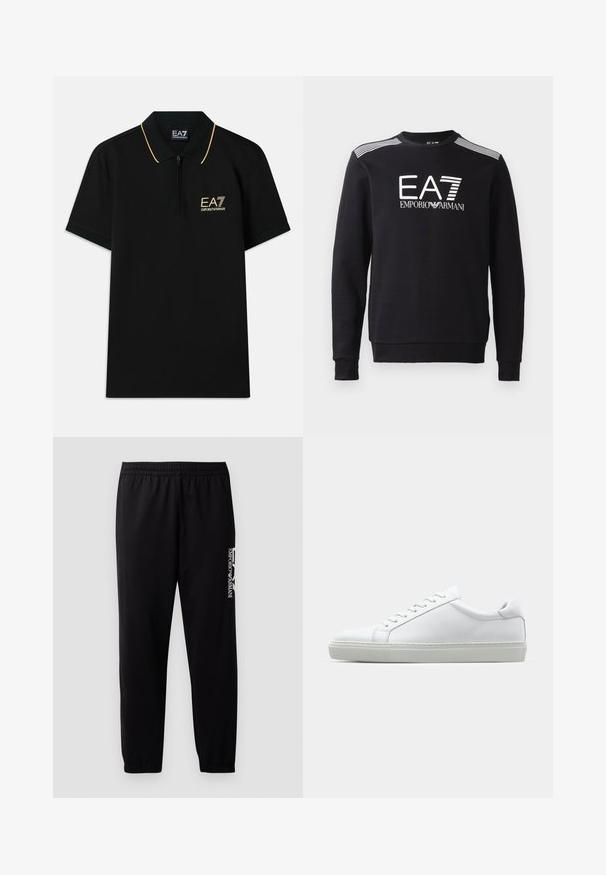 Černá mikina vyrobená z bavlny, s kulatým výstřihem, dlouhými rukávy, bílým logem EA7 a pruhy přes ramena.; Černé polo tričko se zipovým límcem, žlutými akcenty a vyšitým logem na hrudi. Vyrobeno z měkkého, prodyšného materiálu.; Černé sportovní kalhoty vyrobené z hladkého materiálu, s elastickým pasem a manžetami, a s kontrastním logem potištěným na boku.; Bílé tenisky s hladkým koženým svrškem a nízkým profilem. Mají zaoblenou špičku, šest nýtů a texturovanou gumovou podrážku.