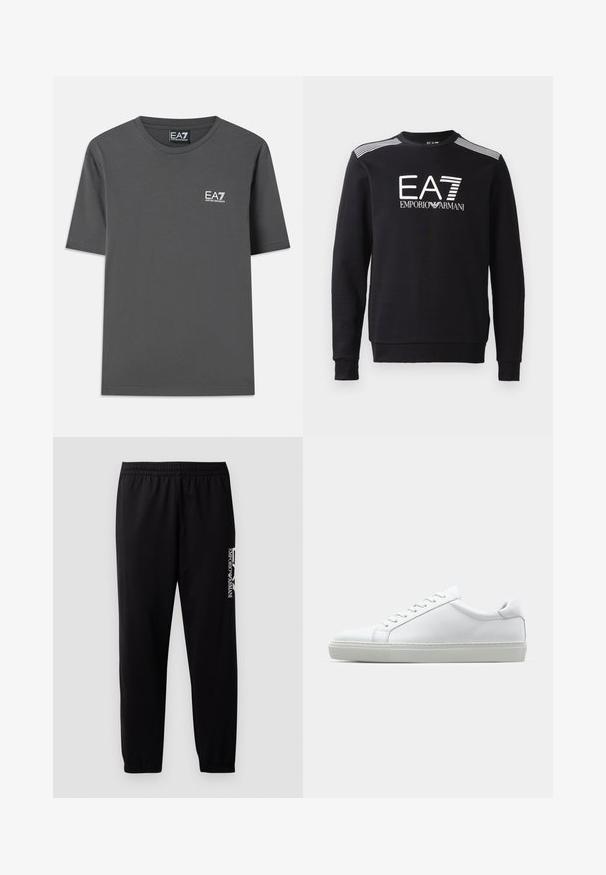 Must värvi puuvillane sweatshirt, millel on ümar kaelus, pikad varrukad, valge EA7 logo ja triibud õlgadel.; Halli puuvillane T-särk lühikeste varrukatega, ümara kaelusega ja väikese valge logoga vasakul rinnal. Sile tekstuur ja standardmõõdus lõige.; Mustad mustreeritud mustad sportpüksid, mis on valmistatud siledast kangast. Need on varustatud elastse vöökohaga ja mansettidega ning külje peal on kontrastne logo trükk.; Valge tennisetoss, millel on sile nahk pealis ja madal profiil. Omab ümarat ninaosa, kuut silmust ja tekstuuriga kummist talda.