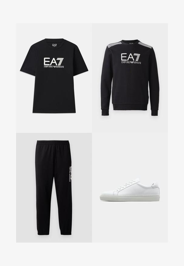 Svart sweatshirt laget av bomull, med rund hals, lange ermer, hvit EA7-logo og striper over skuldrene.; Svart t-skjorte laget av bomull, med rund hals og korte ermer. Brodert logo "EA7 EMPORIO ARMANI" i hvitt på forsiden.; Sorte treningsbukser laget av glatt stoff, med elastisk midjebånd og mansjetter, samt en kontrasterende logo trykket på siden.; Hvit sneakers med en glatt skinnoverdel og lav profil. Har en rund tå, seks snøring hull, og en teksturert gummisåle.