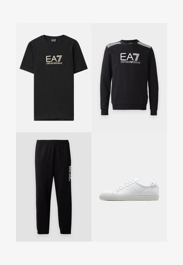 Juodas medvilnės megztinis su apvalia iškirpte, ilgomis rankovėmis, baltu EA7 logotipu ir juostomis per pečius.; Juodas medvilnės marškinėlis su auksiniu EA7 Emporio Armani logotipu ant krūtinės. Trumpomis rankovėmis ir apvaliu iškirpimu.; Juodos sportinės kelnės iš lygaus audinio, su elastingu juosmeniu ir rankogaliais, bei kontrastinga logotipu spaudiniu šone.; Baltas sportinis batelis su lygiu odiniu paviršiumi ir žemu profiliu. Turi suapvalintą pirštą, šešis akių skyrius ir tekstūruotą gumos padą.