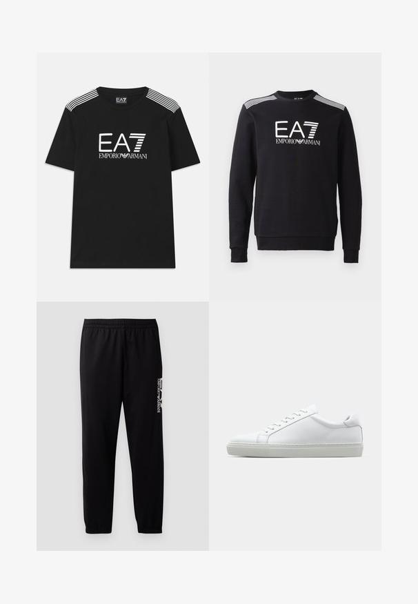 Svart sweatshirt laget av bomull, med rund hals, lange ermer, hvit EA7-logo og striper over skuldrene.; Svart bomull t-skjorte med hvit EA7-logo og teksten 'Emporio Armani'. Tre hvite striper på skuldrene forbedrer designet.; Sorte treningsbukser laget av glatt stoff, med elastisk midjebånd og mansjetter, samt en kontrasterende logo trykket på siden.; Hvit sneakers med en glatt skinnoverdel og lav profil. Har en rund tå, seks snøring hull, og en teksturert gummisåle.