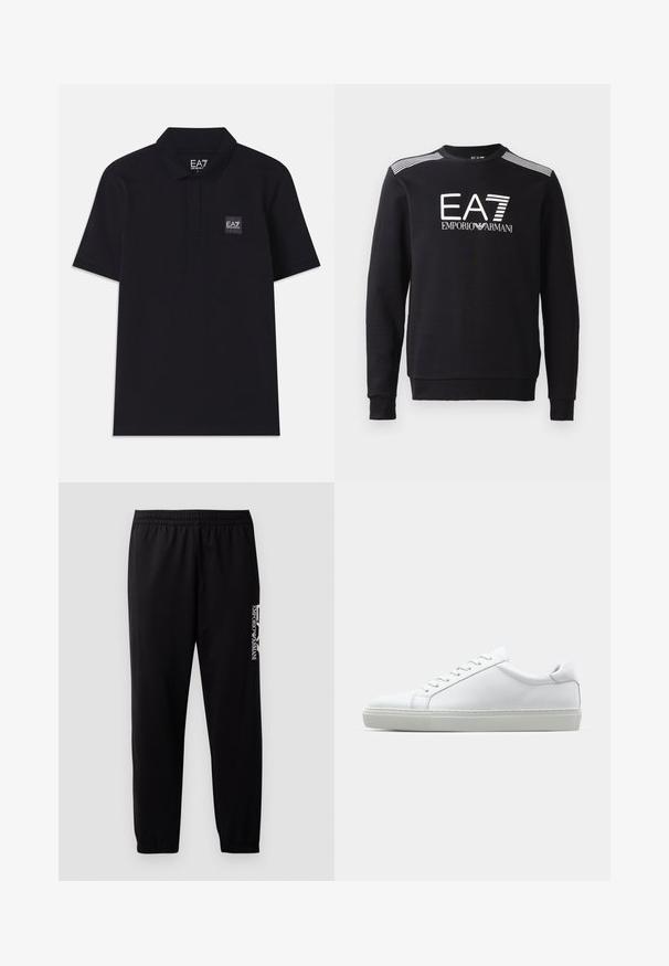 Černá mikina vyrobená z bavlny, s kulatým výstřihem, dlouhými rukávy, bílým logem EA7 a pruhy přes ramena.; Černé polo tričko vyrobené z bavlny. Má límeček, krátké rukávy a malou nášivku loga na levé straně. Jednoduchý a klasický design.; Černé sportovní kalhoty vyrobené z hladkého materiálu, s elastickým pasem a manžetami, a s kontrastním logem potištěným na boku.; Bílé tenisky s hladkým koženým svrškem a nízkým profilem. Mají zaoblenou špičku, šest nýtů a texturovanou gumovou podrážku.