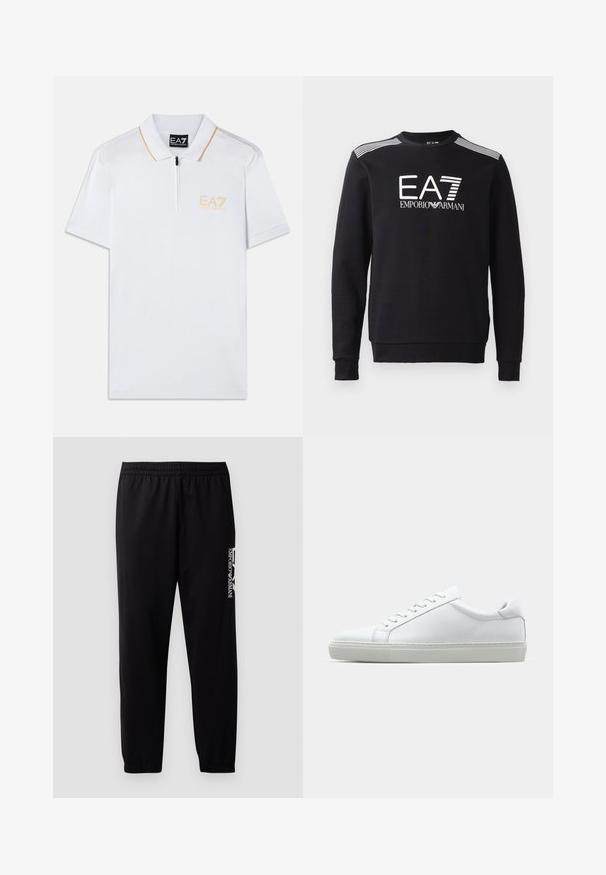 Sweatshirt preto em algodão, com decote redondo, mangas longas, logo EA7 branco e riscas nos ombros.; Polo branco com gola de fecho, mangas curtas e costura de destaque laranja. Apresenta o logo bordado da EA7 em amarelo no lado esquerdo do peito.; Calças de treino pretas feitas de um tecido suave, com uma cintura elástica e punhos, e um logotipo em contraste impresso na lateral.; Sapatilha branca com um cabedal em couro liso e de perfil baixo. Apresenta um bico redondo, seis ilhoses e uma sola de borracha texturizada.