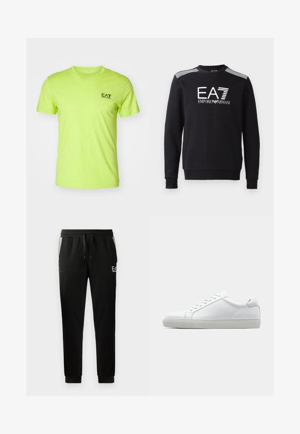 Juodas medvilnės megztinis su apvalia iškirpte, ilgomis rankovėmis, baltu EA7 logotipu ir juostomis per pečius.; Limono žalia medvilninė marškinė su apvalia apykakle, trumpomis rankovėmis ir mažuoju juodu EA7 logotipu kairiajame krūtinės plote. Slygi tekstūra.; Juodi sportiniai džinsai su raišteliu juostos, siaurėjančiomis kojomis, briaunuotais rankogaliais ir grafikiniu logotipo dekoru priekyje bei dryžuotais akcentais šonuose.; Baltas sportinis batelis su lygiu odiniu paviršiumi ir žemu profiliu. Turi suapvalintą pirštą, šešis akių skyrius ir tekstūruotą gumos padą.