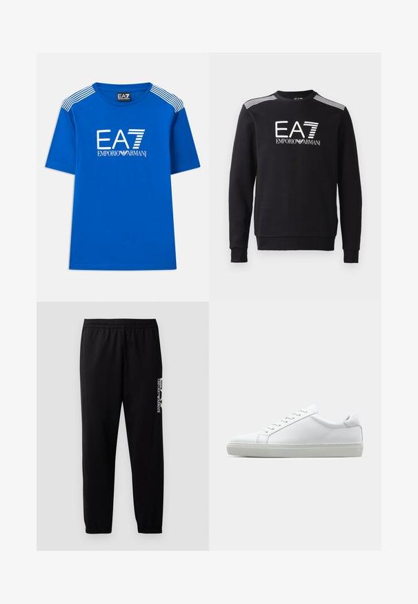 Sweatshirt negru din bumbac, cu guler rotund, mâneci lungi, logo alb EA7 și dungi pe umeri.; Tricou scurt cu mânecă, de culoare albastră, din bumbac, având un decolteu rotund și logo-ul alb "EA7 EMPORIO ARMANI" cu accente în dungi pe umeri.; Pantaloni atletici negri dintr-un material neted, cu talie elastică și manșete elastice, și un logo contrastant imprimat pe lateral.; Adidași albi cu o suprafață din piele netedă și un profil jos. Au un vârf rotunjit, șase orificii pentru șireturi și o talpă din cauciuc texturată.