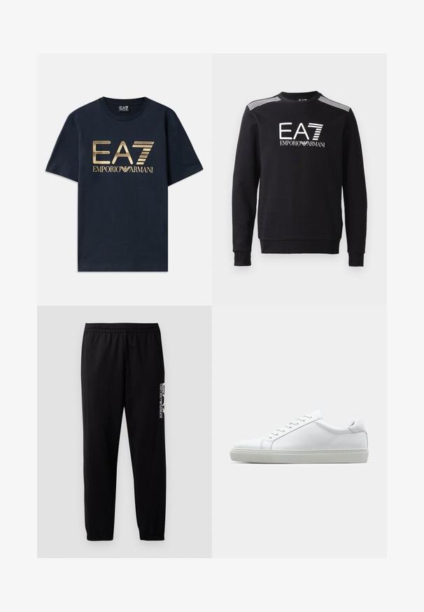 Must värvi puuvillane sweatshirt, millel on ümar kaelus, pikad varrukad, valge EA7 logo ja triibud õlgadel.; Tumedast sinine puuvillane T-särk, mille esiküljel on suur kuldne "EA7" logo ja "EMPORIO ARMANI" tekst. Ümardatud kaelus ja lühikesed varrukad.; Mustad mustreeritud mustad sportpüksid, mis on valmistatud siledast kangast. Need on varustatud elastse vöökohaga ja mansettidega ning külje peal on kontrastne logo trükk.; Valge tennisetoss, millel on sile nahk pealis ja madal profiil. Omab ümarat ninaosa, kuut silmust ja tekstuuriga kummist talda.
