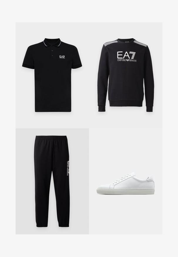 Čierna mikina vyrobená z bavlny, s okrúhlym výstrihom, dlhými rukávmi, bielym logom EA7 a pruhmi na pleciach.; Čierna polo tričko s golierom, tromi gombíkmi a bielymi akcentmi. Vyšívané logo EA7 na ľavej hrudi. Krátke rukávy.; Čierne športové nohavice vyrobené z hladkej látky, s elastickým pásom a manžetami, a s kontrastnou logom potlačeným na boku.; Biele tenisky s hladkým koženým zvrškom a nízkym profilom. Majú zaoblenú špičku, šesť očiek a štruktúrovanú gumovú podrážku.