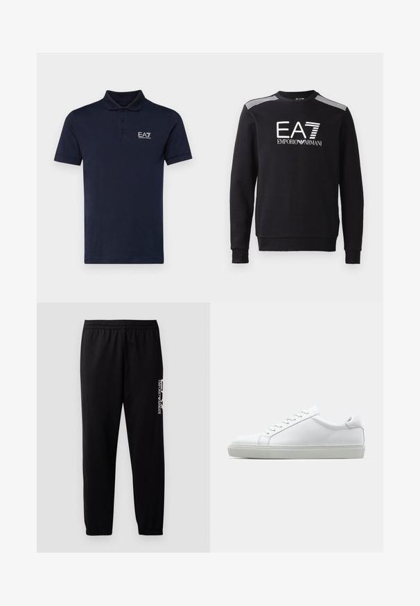 Mustapaita, joka on valmistettu puuvillasta, jossa on pyöreä kaula-aukko, pitkät hihat, valkoinen EA7-logo ja raidat olkapäillä.; T-paita tummansinisestä pehmeästä puuvillasta, jossa on kolme nappia edessä ja EA7-logo vasemmassa rinnassa. Lyhyt hiha, klassinen mitoitus.; Mustat urheiluhousut, jotka on valmistettu sileästä kankaasta. Niissä on joustava vyötärö ja hihnat sekä kontrastivärinen logo painettuna sivuun.; Valkoinen tennari, jossa on sileä nahkapäällinen ja matala profiili. Ominaisuuksiin kuuluu pyöreä kärki, kuusi rei'itystä ja teksturoitu kumipohja.