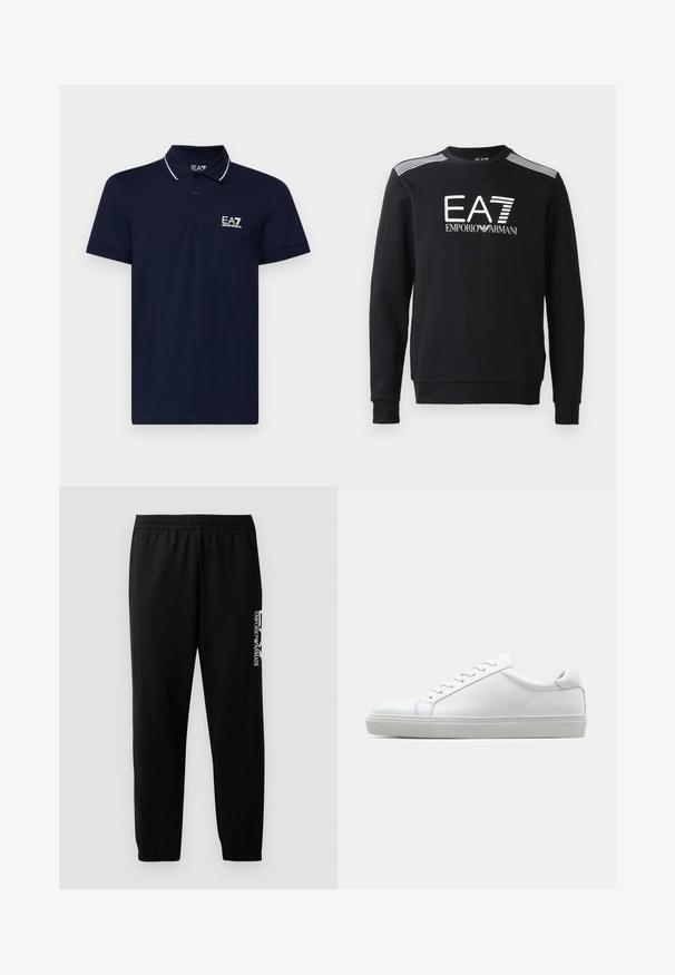 Svart sweatshirt laget av bomull, med rund hals, lange ermer, hvit EA7-logo og striper over skuldrene.; Marineblå polo skjorte laget av bomull med klassisk krage, tre knapper foran, og hvite detaljer rundt kragen og ermene. EA7-logo i hvitt.; Sorte treningsbukser laget av glatt stoff, med elastisk midjebånd og mansjetter, samt en kontrasterende logo trykket på siden.; Hvit sneakers med en glatt skinnoverdel og lav profil. Har en rund tå, seks snøring hull, og en teksturert gummisåle.