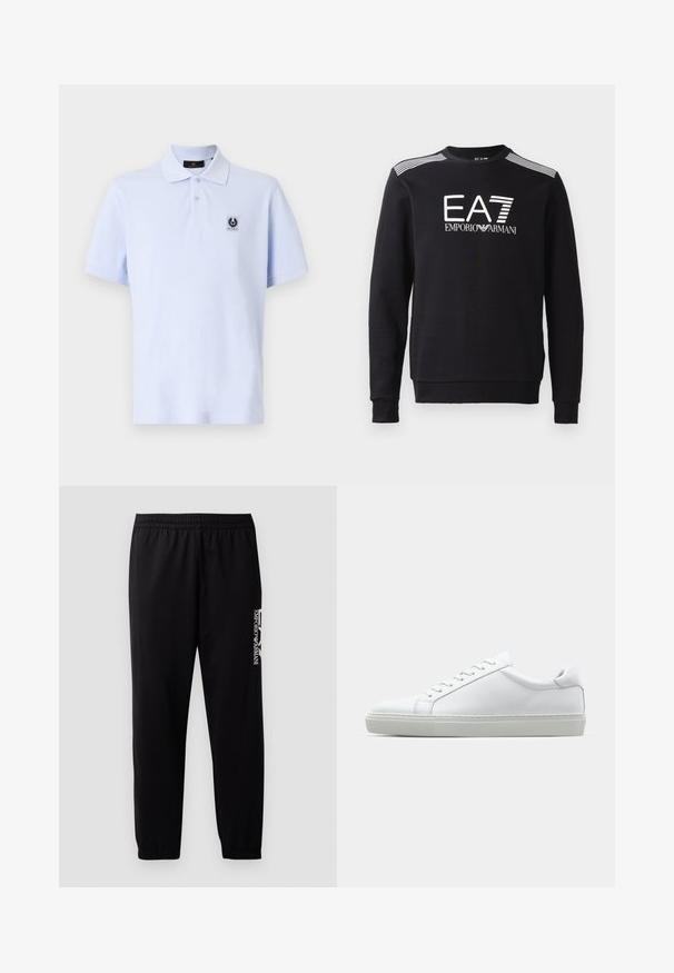 Sweatshirt preto em algodão, com decote redondo, mangas longas, logo EA7 branco e riscas nos ombros.; Camisa polo azul clara com uma textura suave, mangas curtas e um colarinho clássico. Apresenta um pequeno emblema no lado esquerdo do peito.; Calças de treino pretas feitas de um tecido suave, com uma cintura elástica e punhos, e um logotipo em contraste impresso na lateral.; Sapatilha branca com um cabedal em couro liso e de perfil baixo. Apresenta um bico redondo, seis ilhoses e uma sola de borracha texturizada.