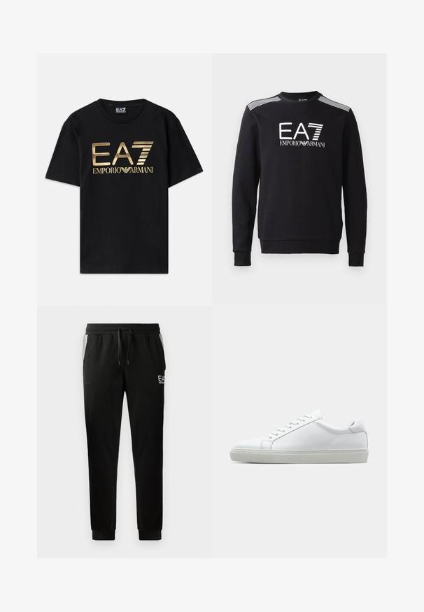 Black sweatshirt made of cotton, featuring a crew neckline, long sleeves, white EA7 logo and stripes across the shoulders.; Black cotton t-shirt with short sleeves, featuring a gold printed "EA7 EMPORIO ARMANI" logo across the front. Simple design, crew neck.; Black sweatpants with a drawstring waist, tapered legs, ribbed cuffs, and graphic logo detail on the front and striped accents on the sides.; White sneaker with a smooth leather upper and a low profile. Features a rounded toe, six eyelets, and a textured rubber sole.