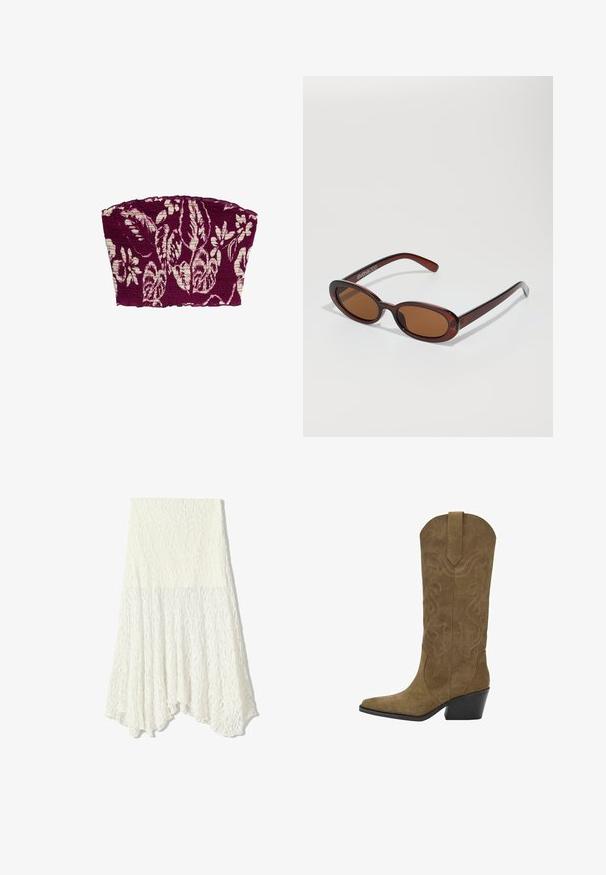 Maglione di colore crema realizzato in un morbido e soffice tessuto. Presenta un collo rotondo, maniche lunghe e polsini e orlo a coste per una maggiore texture.; Marks & Spencer SHIRRED BANDEAU - Camicetta - purple mix; Gonna bianca in pizzo con un motivo testurizzato, caratterizzata da un orlo asimmetrico e una silhouette fluida, realizzata in tessuto leggero.; Stivale cowboy in suede marrone fino al polpaccio con motivi a spirale cuciti, punta affilata, occhiello per l'allaccio e tacco impilato nero angolato.; Occhiali da sole rotondi con tonalità marrone, montatura lucida color bordeaux. Aste sottili con un sottile dettaglio del marchio. Design delle lenti piatte.