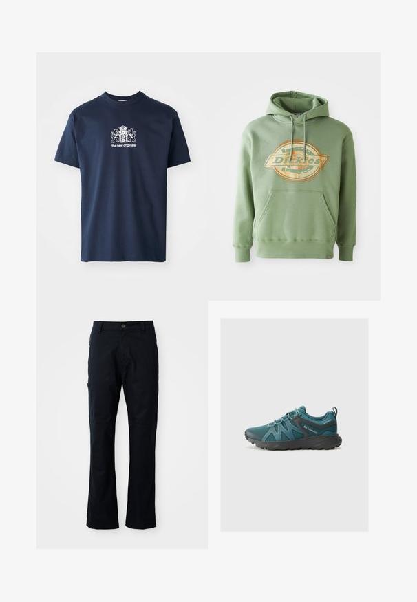 Sweatshirt verde com um logótipo gráfico central em laranja e bege. Apresenta um bolso frontal, capuz com cordão e punhos canelados. Material de algodão.; T-shirt de algodão azul marinho com mangas curtas, gola redonda e uma impressão branca com um brasão e o texto "os novos originais."; Calças azul marinho escuras em mistura de algodão, com corte reto, bolso lateral com fecho e detalhes de costura subtil.; Columbia PEAKFREAK ROAM - Sapatos de caminhada - everblue/dark grey