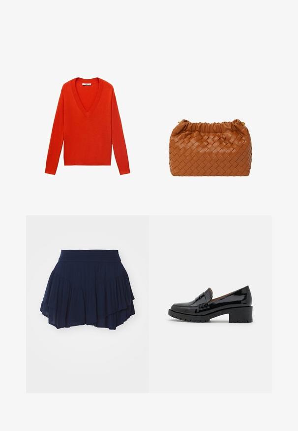 Röd V-ringad tröja med långa ärmar och en avslappnad passform. Tillverkad av mjukt stickat material, med subtila ribbade detaljer vid fållen och manschetterna.; Mörkblå, lagerad kjol i lätt tyg; har ett smocksydde midjeband och en flödande, volangkant för en avslappnad passform.; Svarta lackläders loafers med en låg kraftig klack, med en framrem detalj och texturerad gummisula för grepp.; Brun vävd läderhandväska med en samlad topp och gyllene hårdvaruaksenter. Kompakt rektangulär form, slät textur och flätat mönster.