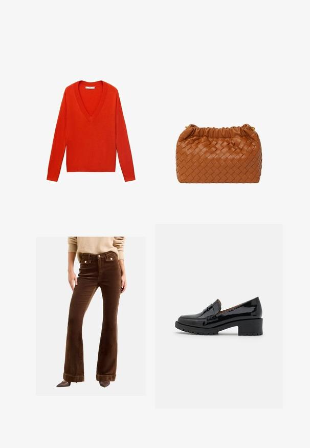 Červený svetr s v-výstřihem a dlouhými rukávy, volného střihu. Vyrobený z měkkého pleteného materiálu, s jemnými ribkovanými detaily na lemu a manžetách.; Hnědé kordové kalhoty do zvonu mají vysoký pas, přední kapsy a zlaté knoflíkové detaily. Materiál má měkkou, rýhovanou texturu.; Černé lakované kožené mokasíny s nízkým silným podpatkem, které mají přední páskový detail a strukturovanou gumovou podrážku pro lepší přilnavost.; Hnědá tkaná kožená kabelka s nařaseným vrškem a zlatými kovovými detaily. Kompaktní obdélníkový tvar, hladký povrch a pletený vzor.