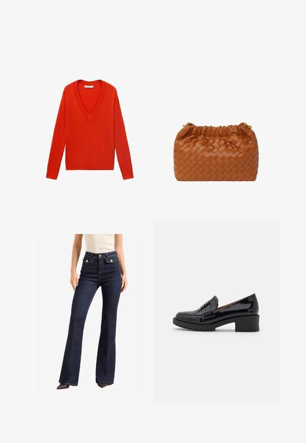 Pulover roșu cu decolteu în V, cu mâneci lungi și o croială lejeră. Fabricat dintr-un material tricotat moale, cu accente fine de tip canal la margine și la manșete.; Jeans negri închis, cu talie înaltă și design cu picioare evazate. Prezintă două buzunare frontale cu detalii aurii și cusături contrastante. Textură netedă.; Lofere din piele patent neagră, cu un toc jos și gros, având un detaliu cu bandă frontală și o talpă din cauciuc texturată pentru aderență.; Geantă de umăr din piele împletită maro, cu un vârf strâns și accente din metal aurit. Formă compactă, rectangulară, textură netedă și model împletit.