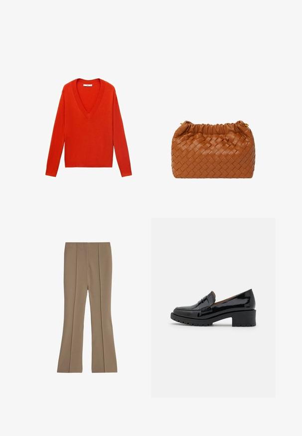 Rode V-hals trui met lange mouwen en een relaxed fit. Gemaakt van een zachte gebreide stof, met subtiele ribbelaccenten aan de zoom en mouwen.; Beige flare-broek gemaakt van rekbaar materiaal, met een platte voorkant met plooien, een gladde textuur en een gematigde taille.; Zwarte lakleren instappers met een lage chunky hak, voorzien van een voorste banddetail en een gestructureerde rubberen zool voor grip.; Bruine gevlochten leren handtas met een gathered bovenkant en gouden hardware-accenten. Compacte rechthoekige vorm, gladde textuur en gevlochten patroon.
