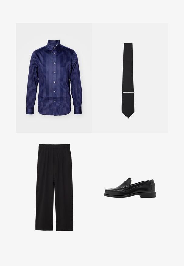 Zwarte sweatshirt met ronde hals, verlaagde schouders en ribgebreide manchetten. Gemaakt van een zacht materiaal, met een eenvoudig, klassiek ontwerp.; Donkerblauwe longsleeve shirt met verticale strepen in lichtblauw. Bevat een klassieke kraag en knoopsluiting, gemaakt van gladde stof.; Zwarte wijde broek met geplooide voorkant, zijzakken en een gladde stoftextuur. Ontworpen voor een ontspannen pasvorm.; Zwarte leren instappers met een gladde afwerking, gestikte details op de neus en een lage hakontwerp voor comfort en stijl.; Zwarte vlinderdas van gladde stof, met een smalle breedte en een zilveren stropdasclip die het ontwerp accentueert.