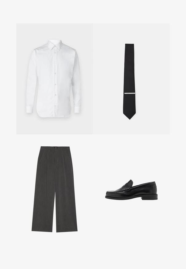 Černá mikina s kulatým výstřihem, spadlými rameny a žebrovanými manžetami. Vyrobena z měkkého materiálu, disponuje jednoduchým, klasickým designem.; Bílá košile na knoflíky s dlouhými rukávy, vyrobená z hladké bavlněné tkaniny, s klasickým límcem a jemným leskem. Pět knoflíků vpředu.; Kalhoty s širokými nohavicemi z tmavě šedé tkaniny, s nařaseným předním dílem, dvěma postranními kapsami a plochým pasem. Hladká textura a precizní střih.; Černé kožené mokasíny s hladkým povrchem, prošíváním na špičce a nízkým podpatkem pro komfort a styl.; Černý motýlek vyrobený z hladké látky, s úzkou šířkou a stříbrnou sponou, která podtrhuje jeho design.