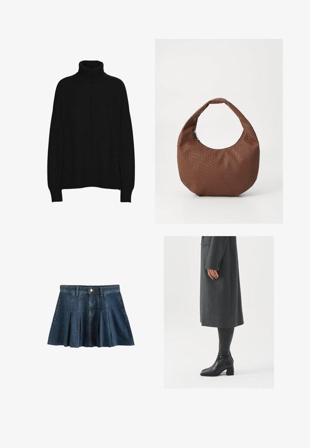 Must mustääristest valmistatud pehme materjaliga, lõdva lõikega, pikkade varrukatega, ribatud varrukate otstega ja sujuva tekstuuriga.; Next REGULAR FIT - Miniseelik - dark blue; Hallhalline, kohandatud ülikond jakk sirge lõikega; kombineeritud kuni põlveni ulatuvate mustade nahast saapadega, millel on nelinurkne varvas ja paks konts.; Prune kudumine kott ümmarguse kujuga, millel on üks pehme käepide ja tekstureeritud pind. Nähtavad on ainult õmblused, ilma igasuguste metallosade või aksessuaarideta.