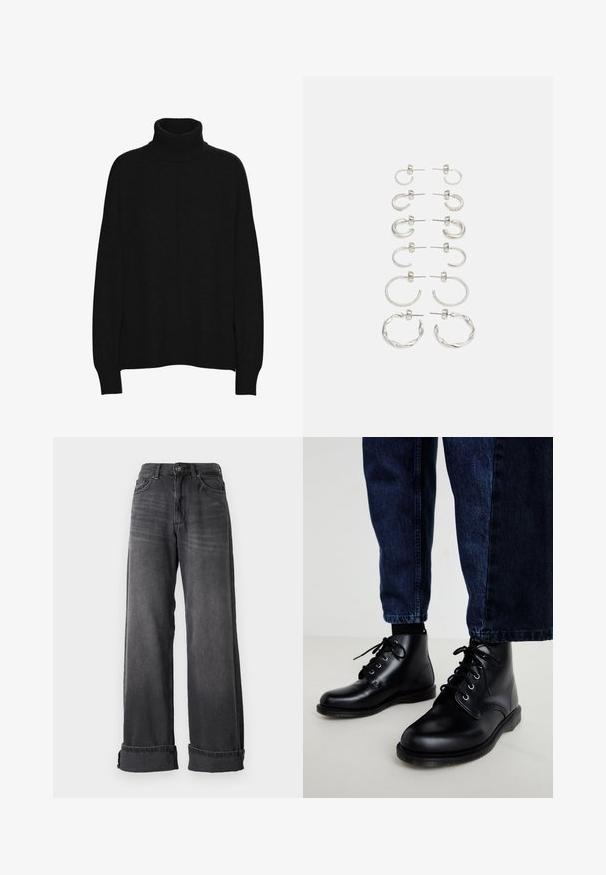 Suéter de cuello alto negro hecho de material suave, con un corte relajado, mangas largas, puños acanalados y una textura lisa en toda su superficie.; Jeans de pierna ancha en denim gris oscuro, con una cintura alta, cinco bolsillos y puños enrolados para un detalle adicional. Textura suave con desvanecidos sutiles.; Botas de cuero negras hasta el tobillo con punteras redondas, diseño con cordones y ojales de metal. Llevadas con pantalones de denim azul oscuro, con un corte recto.; Conjunto de pendientes de plata que presenta varios diseños: pendientes aros finos, con bordes texturizados y estilos retorcidos. Incluye opciones de stud y aro.