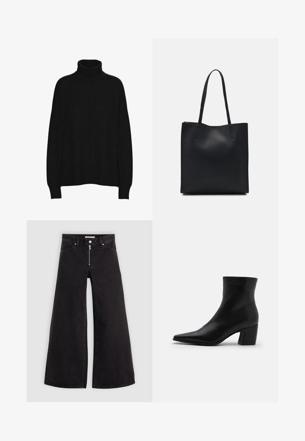 Černý rolák vyrobený z měkkého materiálu, s volným střihem, dlouhými rukávy, žebrovanými manžetami a hladkou texturou po celé ploše.; Džíny s širokými nohavicemi v černém denimovém provedení se zipem vpředu, pěti kapsami a jemnými švy. Hladká textura a ležérní styl.; RAID DELPHIE - Kotníkové boty - black; Černá kožená taška přes rameno s hladkým povrchem, obdélníkovým tvarem a dvěma dlouhými uchy. Žádné viditelné kování ani ozdoby.