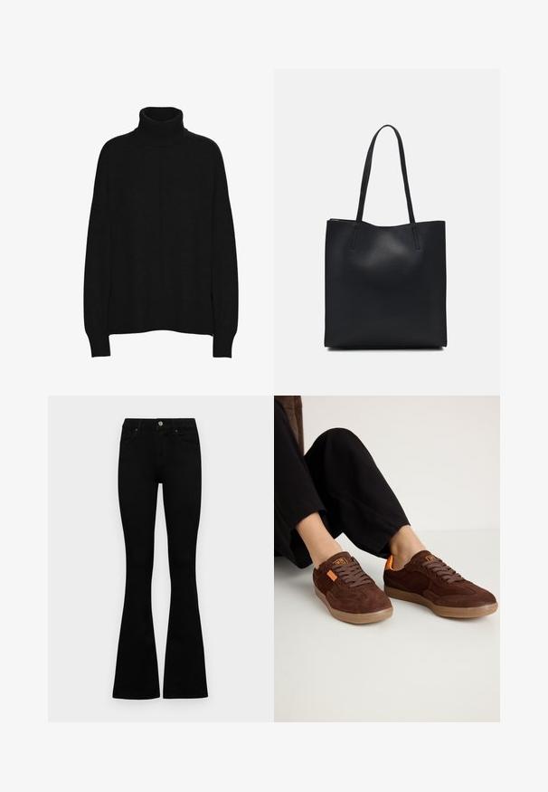 Black turtleneck sweater made from soft material, featuring a relaxed fit, long sleeves, ribbed cuffs, and a smooth texture throughout.; Black high-waist jeans with a button and zip closure, front pockets, and flared legs laid flat on a white background.; Brown suede sneakers with a rounded toe, textured upper, and orange accents. Features flat laces and a rubber sole.; Black leather tote bag with smooth texture, rectangular shape, and two long handles. No visible hardware or embellishments.