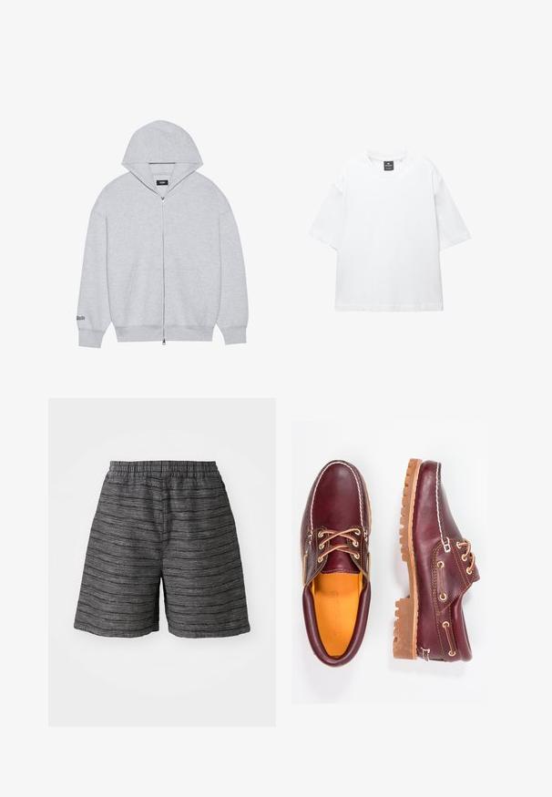 Haut de sweatshirt gris zippé en tissu doux. Il comporte une grande capuche, des poches avant et un texte imprimé sur la manche gauche.; T-shirt blanc à manches courtes en coton, avec un col rond et une coupe décontractée àOurlet droit. Sans motifs ni embellissements.; Shorts gris avec une taille élastique, fabriqués dans un tissu texturé avec des rayures horizontales. Longueur mi-cuisse et coupe décontractée.; Chaussures en cuir bourgogne avec semelles en caoutchouc marron, bout rond, couture blanche et œillets dorés. L'intérieur présente une doublure jaune.