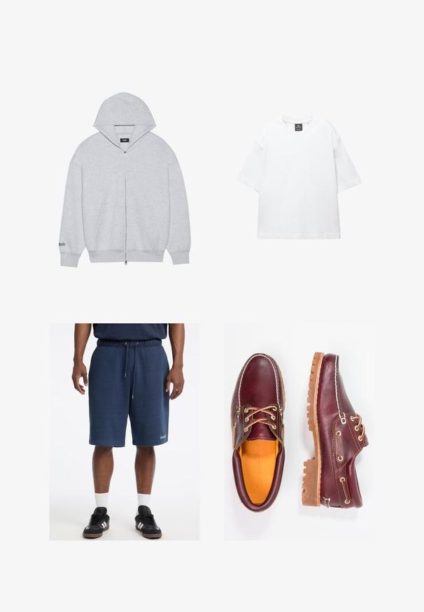 Haut de sweatshirt gris zippé en tissu doux. Il comporte une grande capuche, des poches avant et un texte imprimé sur la manche gauche.; T-shirt blanc à manches courtes en coton, avec un col rond et une coupe décontractée àOurlet droit. Sans motifs ni embellissements.; Shorts en coton bleu marine avec une taille élastique, cordon de serrage, poches latérales et logo "GUESS" sur l'ourlet avant.; Chaussures en cuir bourgogne avec semelles en caoutchouc marron, bout rond, couture blanche et œillets dorés. L'intérieur présente une doublure jaune.