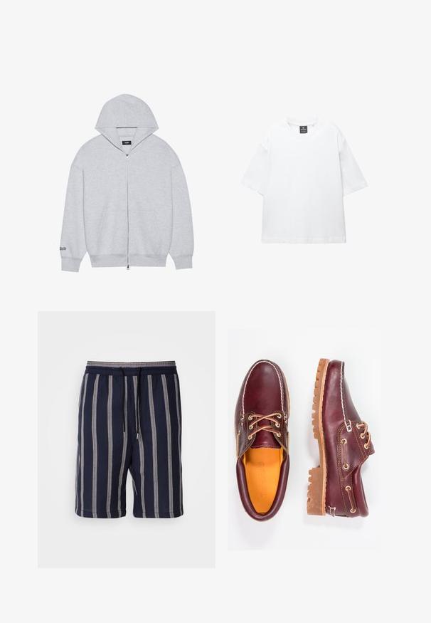 Grijze zip-up hoodie gemaakt van zacht materiaal. Heeft een grote capuchon, voorzakken en bedrukte tekst op de linkermouw.; Witte t-shirt met korte mouwen van katoen, met een ronde hals en een relaxte fit met rechte zoom. Geen patronen of versieringen.; Marineblauwe shorts met verticale lichtgrijze strepen, elastische tailleband met trekkoord, knielengte, gemaakt van een gestructureerde stof.; Bordeaux leren schoenen met bruine rubberen zolen, ronde neus, witte stiksels en gouden veterogen. Het interieur heeft een gele voering.