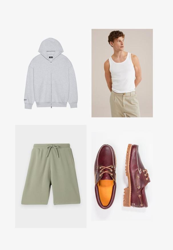 Szürke zipzáros kapucnis pulóver, puha anyagból készült. Nagy kapucnival, elülső zsebekkel és nyomtatott szöveggel a bal ujján.; Fehér pamut trikó, kerek nyakkivágással és széles pántokkal, világos bézs nadrággal, amelynek gombja és redőzete van.; Világoszöld rövidnadrág, textúrált anyagból, rugalmas derékkal és zsinórral. Egyenes szabású, térdhosszig érő kivitel.; Bordó bőr cipő barna gumitalppal, kerek orral, fehér varrással és arany fűzőlyukakkal. A belső tér sárga béléssel rendelkezik.