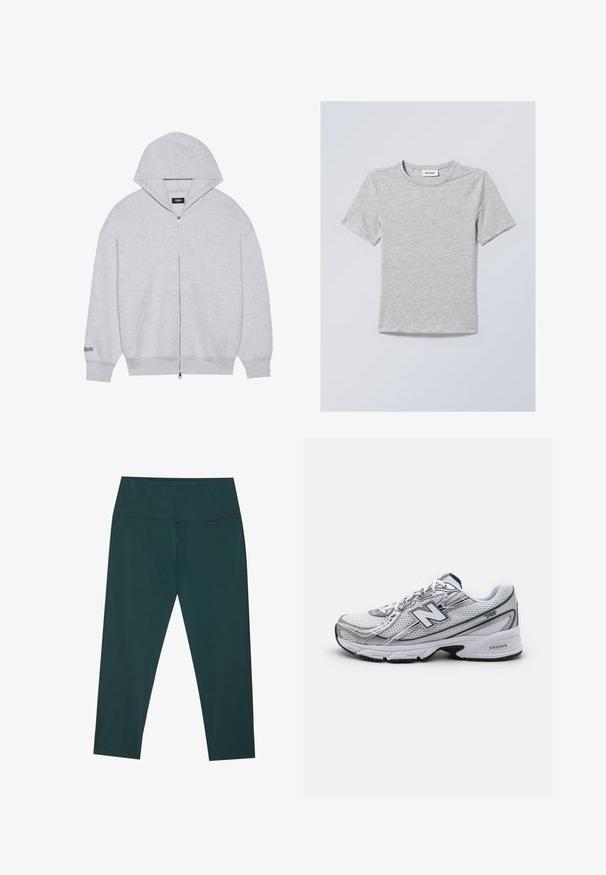Huppari harmaana vetoketjulla, valmistettu pehmeästä kankaasta. Varustettu suurella hupulla, etutaskuilla ja vasemmassa hihassa olevalla painetulla tekstillä.; Vaalea harmaa lyhythihainen t-paita pehmeästä kankaasta. Tämä t-paita on varustettu pyöreällä kaula-aukolla ja yksinkertaisilla, siisteillä linjoilla ilman kuvioita tai koristeluja.; Tummanvihreät capri-legginsit korkealla vyötäröllä, valmistettu sileästä ja joustavasta materiaalista. Ominaisuuksina litteät saumat ja optimaalinen istuvuus.; Uuden Balance -urheilusandaalit, joissa on verkkopintamateriaali, pääasiassa valkoiset harmailla ja laivastonsinisin yksityiskohdin, joissa on pehmustettu pohja ja tekstuuroitu yksityiskohta.