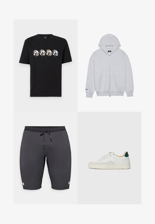 Gray zip-up hoodie made of soft fabric. Features a large hood, front pockets, and printed text on the left sleeve.; Black cotton t-shirt featuring four circular graphic prints of the text "Ps" in varying colors, with short sleeves and crew neckline.; Black athletic shorts made of ribbed fabric, featuring a drawstring waistband and a small white Nike logo on the left side.; White sneaker with suede accents, rounded toe, flat laces, and a cream rubber sole. Features green branding on the heel.