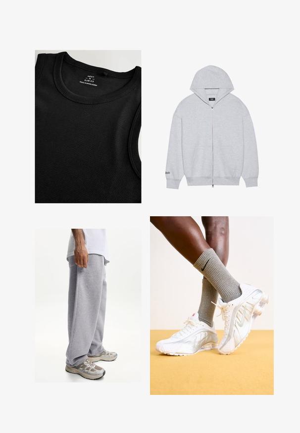 Grijze zip-up hoodie gemaakt van zacht materiaal. Heeft een grote capuchon, voorzakken en bedrukte tekst op de linkermouw.; Zwarte tanktop van ribstof met een slim fit. Heeft een ronde halslijn en platte naden voor een gladde afwerking.; Grijze sweatpants van zachte stof, met een losse pasvorm en een elastische tailleband. Gecombineerd met beige en grijze sportschoenen.; Nike sneakers in het wit met zilveren accenten, met textuurpanelen en perforaties. Gecombineerd met grijze geribde sokken, tegen een gele achtergrond.