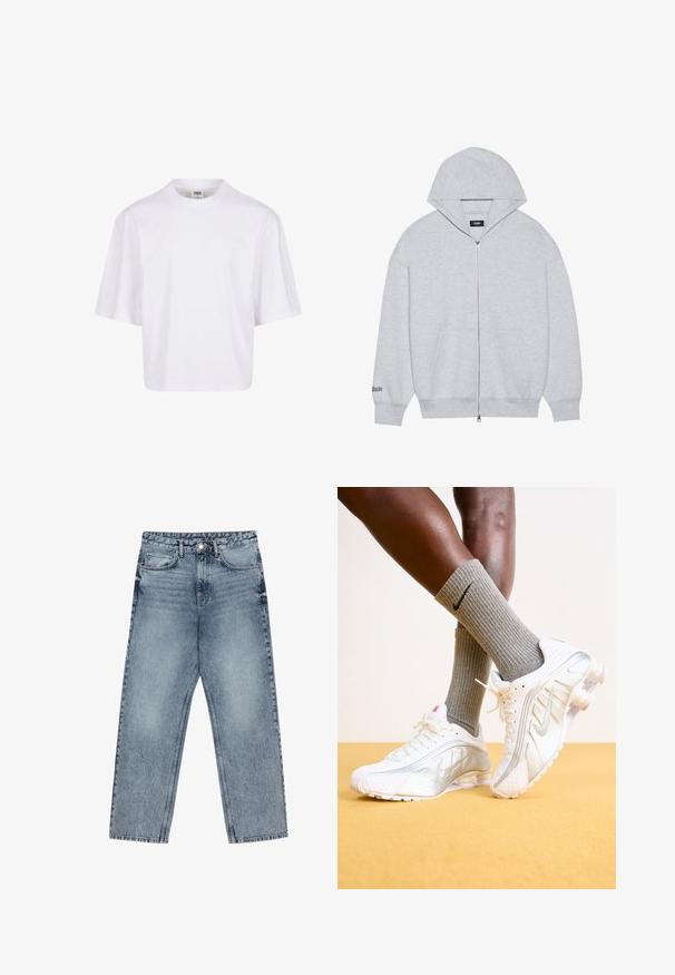 Pelēks zip-up džemperis, kas izgatavots no mīksta auduma. Tam ir liela kapuce, priekšējās kabatas un drukāts teksts uz kreisā piedurknes.; Balts, īsām piedurknēm T-krekls ar klasisku apkakli un brīvu piegriezumu, izgatavots no gludas kokvilnas maisījuma auduma. Bez rakstiem vai rotājumiem.; Gai zilu džinsu bikses ar taisnu kāju griezumu, redzamām šuvēm, piecu kabatu dizainu un pogu aizdari jostasvietā.; Balti Nike sporta apavi ar sudraba akcentiem, ar teksturētām paneļiem un caurumiem. Apvienoti ar pelēkiem rāvējslēdzējs zeķēm, uz dzeltena fona.
