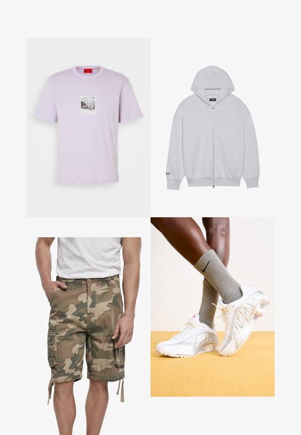 Grau zip-up Hoodie aus weichem Stoff. Mit einer großen Kapuze, Fronttaschen und bedrucktem Text am linken Ärmel.; Helles Lavendel-T-Shirt aus Baumwolle mit einem zentralen grafischen Druck eines Oktopus in Schwarz und Weiß, ergänzt durch rote Logo-Akzente.; Camo Cargo-Shorts in gedämpften Grünen und Brauntönen mit Seitentaschen und verstellbaren Kordeln am Saum, kombiniert mit weißen Sneakers.; Nike-Sneaker in Weiß mit silbernen Akzenten, ausgestattet mit strukturierten Paneelen und Perforationen. Kombiniert mit grauen gerippten Socken, vor einem gelben Hintergrund.