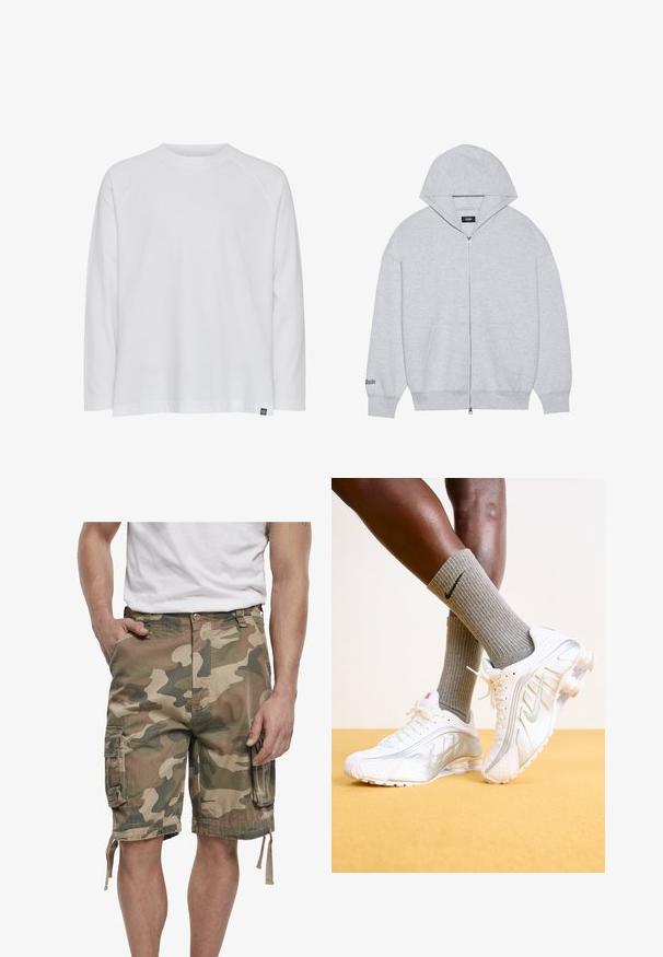 Pilka užtrauktuku užsisemanti striukė, pagaminta iš minkštos medžiagos. Turi didelę kapišoną, priekinės kišenes ir spausdintą tekstą ant kairiojo rankovo.; Baltas ilgas rankovėmis marškinėliai su apvaliu iškirpimu, laisvas kirpimas ir raglaninės rankovės. Pagaminta iš minkštos medvilnės audinio; turi nedidelį prekės ženklo etiketę.; Kamufliažinės krosoverių šortai su švelniais žaliais ir rudais atspalviais, šoninėmis kišenėmis ir reguliuojamomis raišteliais apatine dalimi, derinami su baltais sportbačiais.; Balti Nike sportbačiai su sidabriniais akcentais, papuošti tekstūrinėmis plokštėmis ir skylutėmis. Sukomplektuoti su pilkais dryžuotais kojinėmis, prieš geltoną foną.