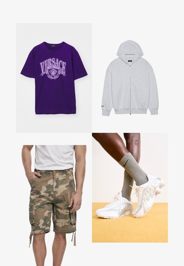 Pelēks zip-up džemperis, kas izgatavots no mīksta auduma. Tam ir liela kapuce, priekšējās kabatas un drukāts teksts uz kreisā piedurknes.; Purpura īsajām piedurknēm T-krekla ar lielo "VERSACE Established 1978" tekstu un Medūzas galvas logo gaismas purpursarkanā krāsā priekšpusē.; Kamuflāžas bikses šortos mierīgās zaļās un brūnās krāsās ar sānu kabatām un regulējamiem dzīslām apakšmalā, savienotas ar baltām kedām.; Balti Nike sporta apavi ar sudraba akcentiem, ar teksturētām paneļiem un caurumiem. Apvienoti ar pelēkiem rāvējslēdzējs zeķēm, uz dzeltena fona.