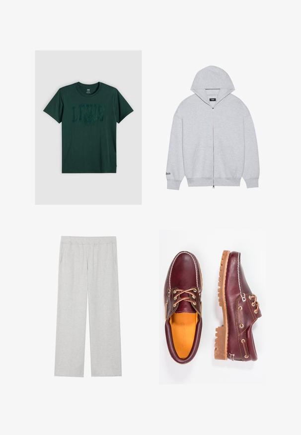 Hanorac gri cu fermoar, fabricat dintr-un material moale. Prezintă o glugă mare, buzunare frontale și text imprimat pe mânecă stângă.; Tricou din bumbac verde închis, cu mâneci scurte, având un logo texturat LEVI'S într-un verde mai închis, guler rotund și tiv drept.; Pantaloni de trening largi, gri deschis, confecționați dintr-un material moale. Prezintă un cordon elastic la talie și buzunare laterale. Textură fină și design curat.; Pantofi din piele burgundă cu talpă din cauciuc brun, vârf rotund, cusături albe și gauri aurii pentru șireturi. Interiorul are un căptușeală galbenă.