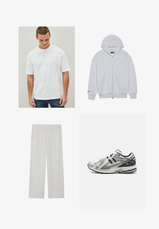 Grå zip-up hoodie i mjukt tyg. Har en stor huva, framfickor och tryckt text på vänster ärm.; Vit bomullströja med korta ärmar, avslappnad passform och rund halsringning. Utan mönster eller detaljer, uppvisad med denimjeans.; Ljusgrå, vida sweatpants gjorda av mjukt tyg. Har resårmidja och sidofickor. Slät textur med en ren design.; Herr löparskor i vit mesh med svarta detaljer, med en vadderad sula, snörningsdesign och en texturerad yta för grepp.