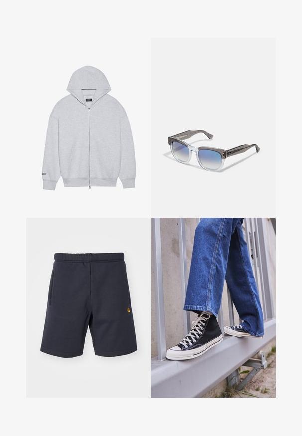 Huppari harmaana vetoketjulla, valmistettu pehmeästä kankaasta. Varustettu suurella hupulla, etutaskuilla ja vasemmassa hihassa olevalla painetulla tekstillä.; Laivansiniset puuvillashortsit, joissa on joustava vyötärö, kaksi sivutaskua ja pieni logo vasemmassa lahkeessa. Sujuva pinta.; Mustat high-top tennarit valkoisella pohjalla ja nauhoilla, yhdistettynä väljään sinisiin farkkuihin, lepäävät harmaalla kaiteella.; Harmaat ja läpinäkyvät kehysaurinkolasit, joissa on nelikulmainen muoto, liukuväriset siniset linssit ja metalliset koristeet temppeleissä. Kevyt materiaali.