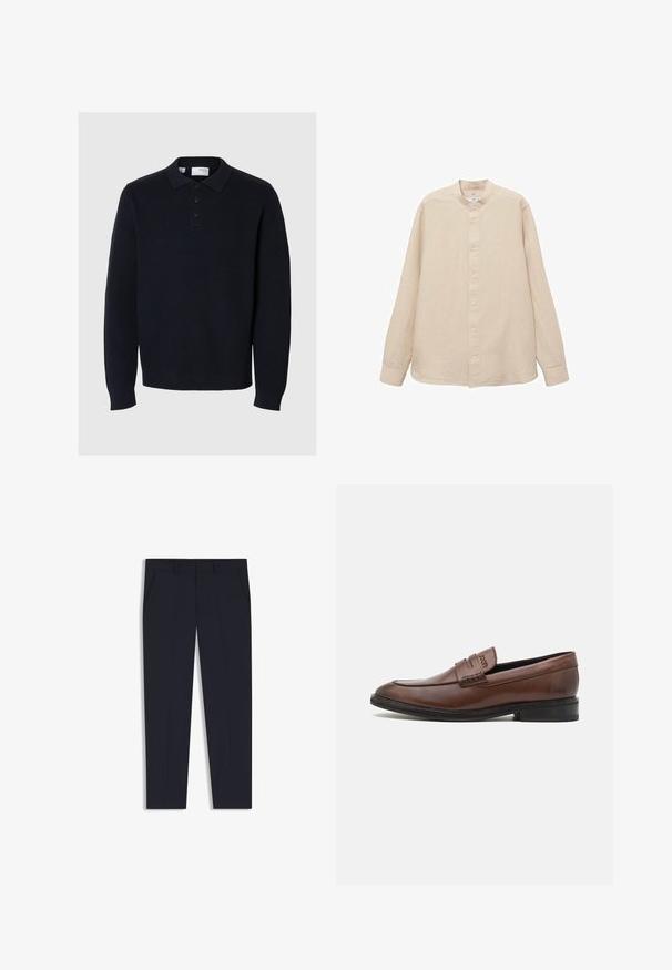 Pulover v mornarsko modri barvi, pleten z polo ovratnikom, štirimi gumbi in dolgimi rokavi. Ima rebrasto teksturo in ravni rob.; Polo z dolgimi rokavi, bež lan z mandarin ovratnikom, sprednjim gumbom in ravnim robom; gladka tekstura in lahka zasnova.; Mornarske hlače s krojem, ki se prilega, z dvema sprednjima žepoma, ravnim sprednjim delom in gladko teksturo. Brez vidnih vzorcev ali okrasnih elementov.; Rjave usnjene loaferje z gladko površino, zaobljenim nosom in dekorativnim šivom na sprednji strani. Črn gumijast podplat.
